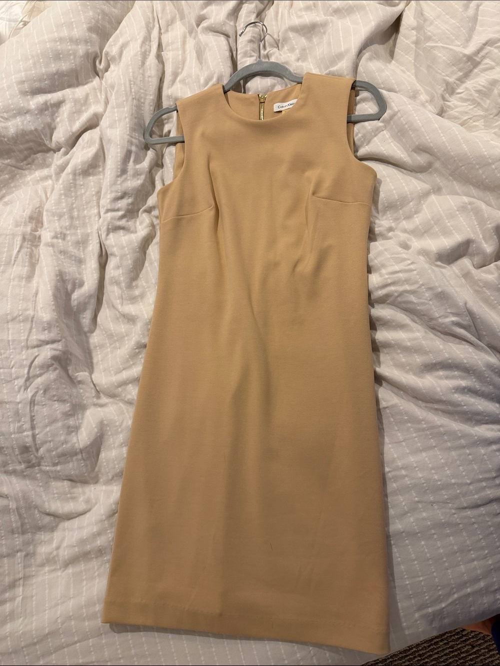 Calvin Klein Sleeveless Midi Sheath Dress in Camel